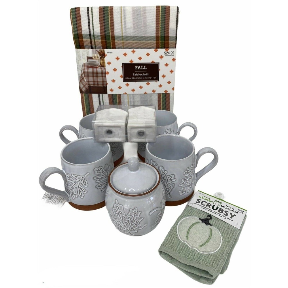 HOBBY LOBBY FARMHOUSE 9 PC SET MUGS TABLECLOTH